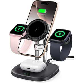 Dual Charger Stand for Apple Watch, 4 in 1 Magnetic Wireless Charger for iPhone 16 15 14 13 12, Charging Station for Apple Watch Series 10-2/Ultra 2/SE 2, Airpods, SwanScout 709M (Black)