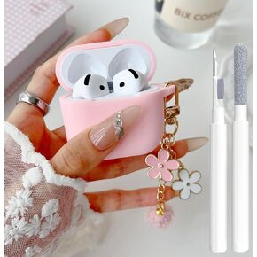 Cute Case for Airpods 4 Cover for Girl Women with Pom pom Flower Keychain & Cleaner Kit, Soft Silicone Airpods iPod 4th Gen Protective Cover Skin for Airpod 4 2024