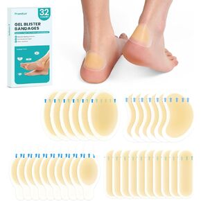 Hydrocolloid Gel Blister Bandages Pads - Promifun Waterproof Adhesive Blisters Bandages - Blister Pads for Heel, Foot, Toe, Feet - Gel Blister Chshions for Prevention & Recovery (32ct,Heel Pack)