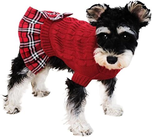 Tangpan Classic Cable Turtleneck Dog Sweater with Bow-Knot Pet Plaid Skirt Warm Apparel Puppy Clothes Cat Outfit （Red,M in Kuwait