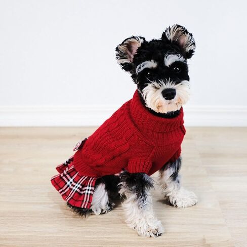 Tangpan Classic Cable Turtleneck Dog Sweater with Bow-Knot Pet Plaid Skirt Warm Apparel Puppy Clothes Cat Outfit （Red,M in Kuwait