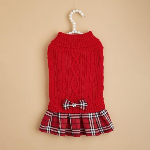 Tangpan Classic Cable Turtleneck Dog Sweater with Bow-Knot Pet Plaid Skirt Warm Apparel Puppy Clothes Cat Outfit （Red,M in Kuwait