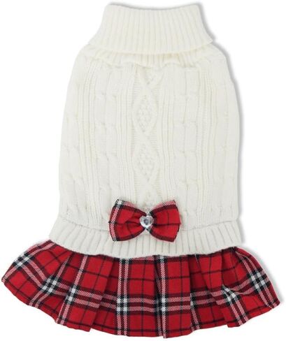 Tangpan Classic Cable Turtleneck Dog Sweater with Bow-Knot Pet Plaid Skirt Warm Apparel Puppy Clothes Cat Outfit （Red,M in Kuwait