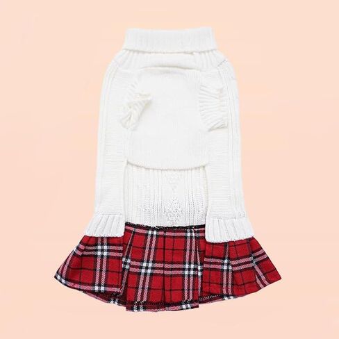 Tangpan Classic Cable Turtleneck Dog Sweater with Bow-Knot Pet Plaid Skirt Warm Apparel Puppy Clothes Cat Outfit （Red,M in Kuwait