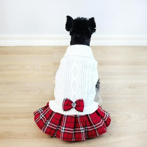Tangpan Classic Cable Turtleneck Dog Sweater with Bow-Knot Pet Plaid Skirt Warm Apparel Puppy Clothes Cat Outfit （Red,M in Kuwait