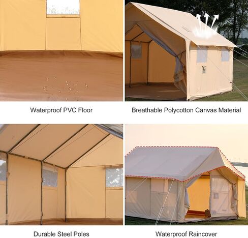 Cotton Canvas Wall Tent with Rain Canopy Waterproof Outdoor Tent for Hunting Family 4 Season Camping Tent Heavy Duty Steel Frame&PVC Floor in Saudi Arabia