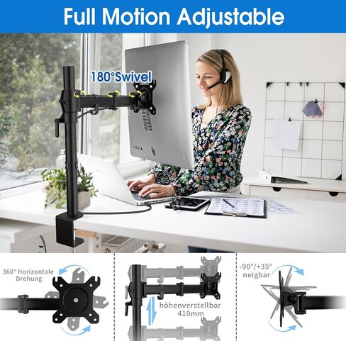 Dual Monitor Stand for Desk-Monitor Arms for 2 Monitors with C Clamp, Grommet Mounting Base for 13-32 Inch Computer Screens - Desk Accessories Monitor Mount Each Arm Holds 19.8lbs in Saudi Arabia