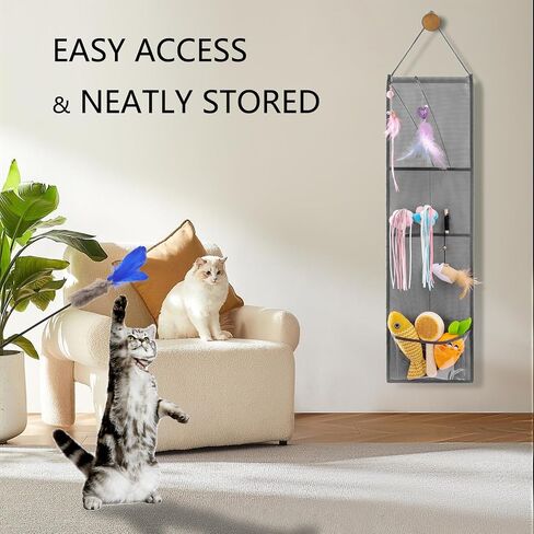 Hanging Cat Wand Holder Kitten Stick Toy Storage Bag Cat Accessories Organizer for Indoor Cats (Fabric Pockets) in Kuwait