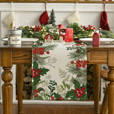 Christmas Ornament Ball Table Runner,Linen Red and Green Buffalo Check Christmas Runner,13 x 72 Inch Holiday Table Runners for Seasonal Winter Xmas Holiday Kitchen Dining Table Decoration in Saudi Arabia