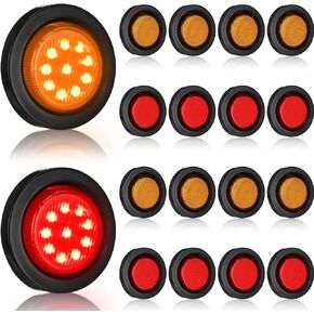 Treela 16 Pcs 2 Inch LED Marker Lights Waterproof Sealed 10 LEDs Round Trailer Light with Rubber Flush Mount Grommet 2 Prong Wire Pigtails for RV Truck Semi Trailer Side Tail Lights, Red and Amber
