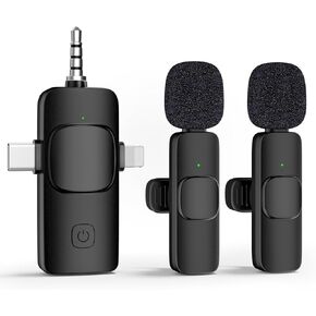 ميكروفون لافالير لاسلكي صغير لكاميرا iPhone Android وتسجيل الفيديو والبث المباشر ومدونات الفيديو والمقابلات واليوتيوب وTikTok بتردد 2.4 جيجا هرتز/ إلغاء الضوضاء/ ميكروفونات مزدوجة/ جهاز استقبال 3 في 1/ محول USB in Kuwait