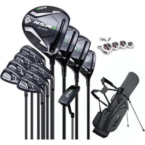 PGM Men's Complete Golf Club Sets - 12 Pieces - 3 Wood (#1,3,5), 1 Hybrid (#4H), 6 Irons(#5,6,7,8,9,PW), 1 Sand Wedge (52°), 1 Putter - Golf Stand Bag, Right Handed