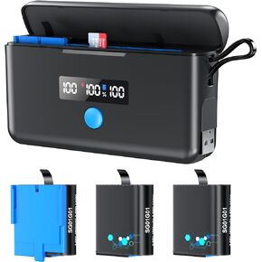3 Pack Battery for GoPro Hero 8/7/6/5, Charger Include Display Screen and SD Card Reader, Fast Charger for GoPro Hero Battery (Charger Fit GoPro Hero 12/11/10/9/8/7/6/5 Battery)