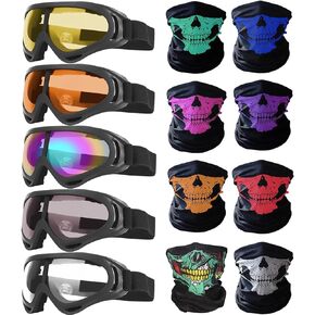 Peicees 13PCS Motorcycle Set, 5 Dirt Bike Ski Goggles UV Protection Dustproof Windproof Safety Glasses with 8 Skull Face Mask