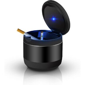 Car Ashtray, Detachable Portable Ashtray with Blue LED Light and Lid, Stainless Cigarette Ashtray for Vehicles Cup Holder Car Accessories or Indoor Outdoor Travel Use (Mini Size, Black)