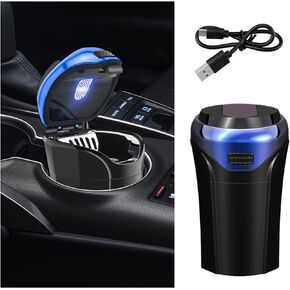 Car Ashtray with Lid, Detachable USB Rechargeable Auto Cigarette Lighter with Blue LED Light, Portable Smell Proof Stainless Car Ash Tray, Mini Automotive Trash Can (Blue)