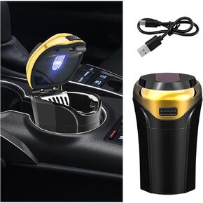 Car Ashtray with Lid, Detachable USB Rechargeable Auto Cigarette Lighter with Blue LED Light, Portable Smell Proof Stainless Car Ash Tray, Mini Automotive Trash Can (Blue)