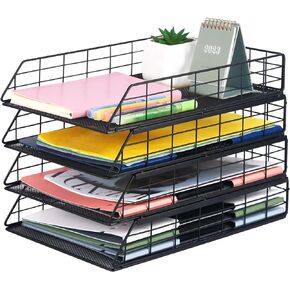 Tunnkit 4 Pack Stackable Letter Tray Paper Organizer, Metal Desk Organizer Tray for Letter/A4 Paper Storage, Suitable for Office, School, Home, Black