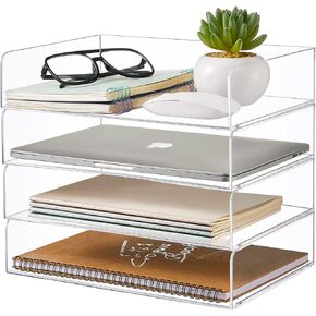 Harloon 4 Tier Acrylic Paper Tray Stackable Letter Clear Organizer 12.4 x 8.9 x 1.7 Inches No Need to Assemble Acrylic Paper Organizer File Tray for Office Workspace Desktop Storage(Transparent)