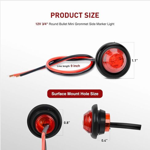 Nilight - TL-04 10 قطع 3/4 بوصة ضوء LED دائري للتخليص LED أمامي وخلفي مؤشر ضوء علامة رصاصة لشاحنة RV سيارة حافلة مقطورة فان قارب قافلة 12 فولت، أحمر، ضمان لمدة عامين in Saudi Arabia