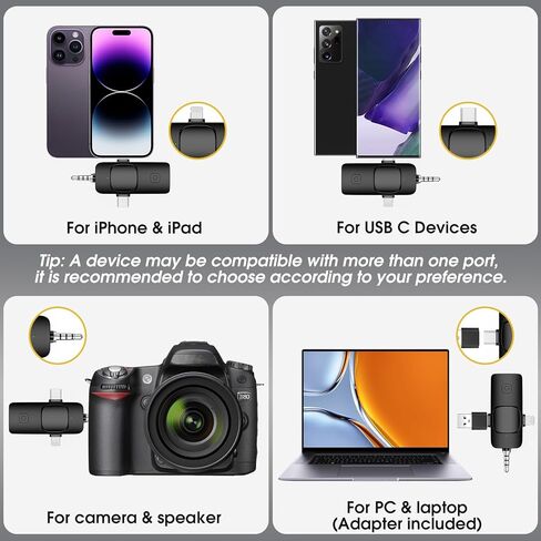 ميكروفون لافالير لاسلكي صغير لكاميرا iPhone Android وتسجيل الفيديو والبث المباشر ومدونات الفيديو والمقابلات واليوتيوب وTikTok بتردد 2.4 جيجا هرتز/ إلغاء الضوضاء/ ميكروفونات مزدوجة/ جهاز استقبال 3 في 1/ محول USB in Kuwait