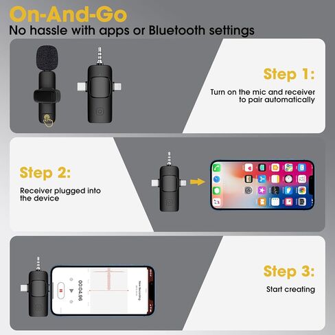 ميكروفون لافالير لاسلكي صغير لكاميرا iPhone Android وتسجيل الفيديو والبث المباشر ومدونات الفيديو والمقابلات واليوتيوب وTikTok بتردد 2.4 جيجا هرتز/ إلغاء الضوضاء/ ميكروفونات مزدوجة/ جهاز استقبال 3 في 1/ محول USB in Kuwait