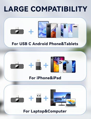 ميكروفون Lavalier لهاتف USB C Android، ميكروفون لاسلكي صغير الحجم متوافق مع iPhone 15 (USB-C)، مشبك مزدوج على ميكروفون Lav يدوم 12 ساعة لتسجيل الفيديو على YouTube Vlog Tiktok Livestream in Saudi Arabia
