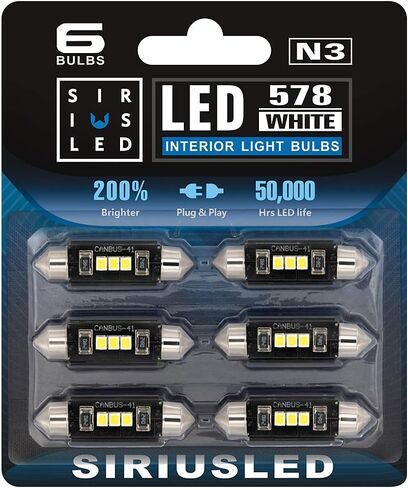 SIR IUS LED N3 578 LED bulbs Pure white Super Bright LED Festoon 300 Lumens 3030 Chipset for Car Truck Interiors Dome Map Door Courtesy Lights 1.72" 41MM 211-2 212-2 569 size pack of 6 in Saudi Arabia