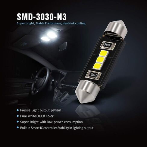SIR IUS LED N3 578 LED bulbs Pure white Super Bright LED Festoon 300 Lumens 3030 Chipset for Car Truck Interiors Dome Map Door Courtesy Lights 1.72" 41MM 211-2 212-2 569 size pack of 6 in Saudi Arabia