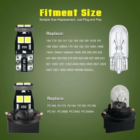 DODOFUN 12 فولت أبيض T10 W5W 158 168 194 2825 مجموعة أدوات ضوء LED لمبة بديلة للوحة القيادة لوحة قياس المؤشر مصباح مع مقبس متقاطع PC168 PC175 PC194 PC195 PC160 PC161 PC195NA in Kuwait