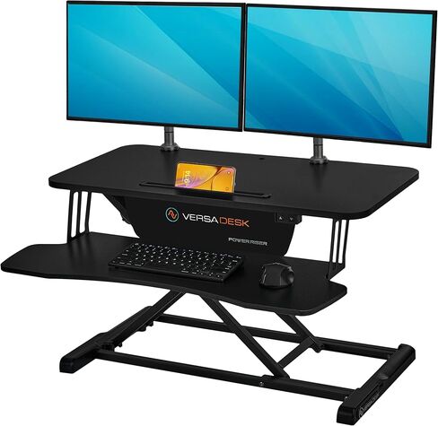 VERSADESK® PowerRiser 32 بوصة محول مكتب كهربائي قائم لشاشة مزدوجة، محطة عمل كمبيوتر محمول مع صينية لوحة مفاتيح واسعة، ارتفاع قابل للتعديل للجلوس على حامل المكتب، أسود (أسود، 32 بوصة) in Kuwait