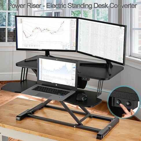 VERSADESK® PowerRiser 32 بوصة محول مكتب كهربائي قائم لشاشة مزدوجة، محطة عمل كمبيوتر محمول مع صينية لوحة مفاتيح واسعة، ارتفاع قابل للتعديل للجلوس على حامل المكتب، أسود (أسود، 32 بوصة) in Kuwait