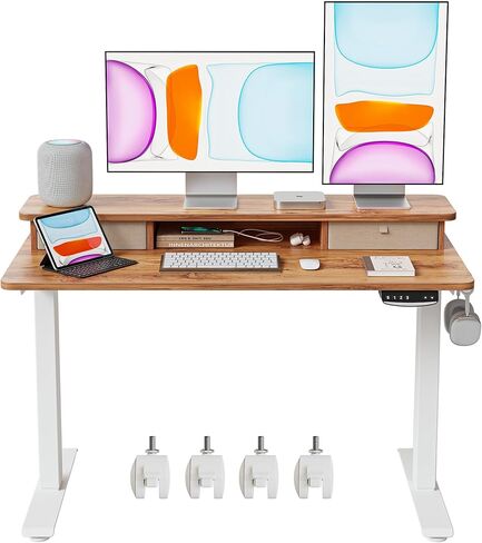 BANTI مكتب قائم كهربائي مقاس 48 × 24 بوصة مع أدراج مزدوجة، مكتب وقوف بارتفاع قابل للتعديل، مكتب مكتب منزلي للجلوس مع رف تخزين، سطح بني ريفي فاتح in Kuwait