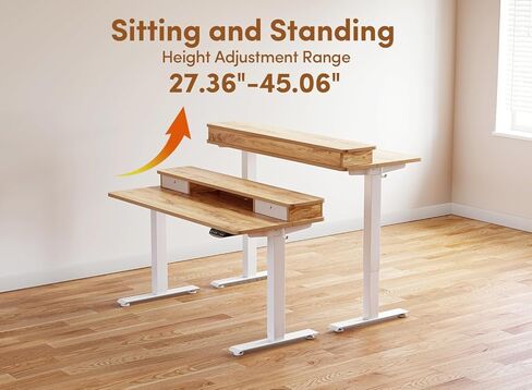BANTI مكتب قائم كهربائي مقاس 48 × 24 بوصة مع أدراج مزدوجة، مكتب وقوف بارتفاع قابل للتعديل، مكتب مكتب منزلي للجلوس مع رف تخزين، سطح بني ريفي فاتح in Kuwait