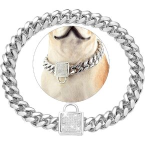 Chain Dog Collar with Zirconia Locking 10MM Silver Metal Puppy Collar Luxury Dog Bling Cat Necklace Small (10MM, 12")