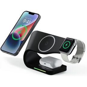 Miak 3-in-1 Wireless Charging Station with MagSafe - Fast Charging for Apple Watch, Stable Charger Stand Base for iPhone 15/14/13/12 Pro Max/Plus, Apple Watch 9/8/7/6/5/4/SE Series, (White)