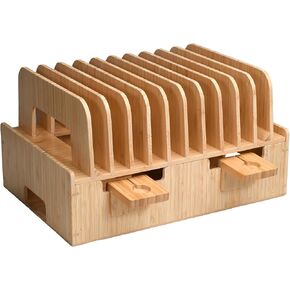 MobileVision Bamboo 12-Port Charging Station & Docking Organizer for Smartphones & Tablets, Family-Sized, for use in Corporate Offices & Classrooms