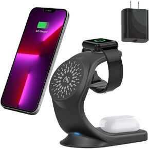 3 in 1 Magsafe Compatible Wireless Charging Station for iPhone 16/15/14/13 /12/12Pro/12Pro Max/12Mini, iWatch 10/9/8/7/6, AirPods 2/Pro, Compatible with MagSafe Cases (QC 3.0 Adapter Included)