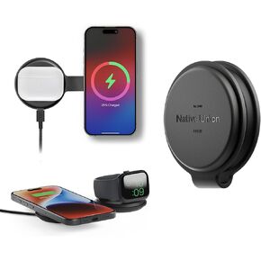 Native Union Voyage 2-in-1 Magnetic Wireless Charger – Foldable Travel Charging Station for iPhone 16, AirPods, Apple Watch & Multiple Devices – Qi2 Certified & MagSafe Compatible up to 15W (Black)
