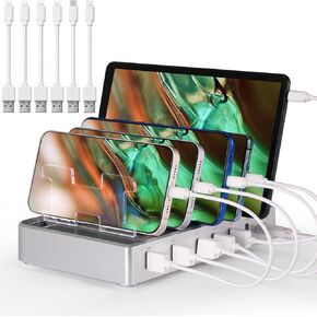 Charging Station for Multiple Devices, GARUET 6 Ports Multi USB Phone Charging Station for iPhone iPad Cell Phone Tablets (White, 6 Mixed Cables Included)