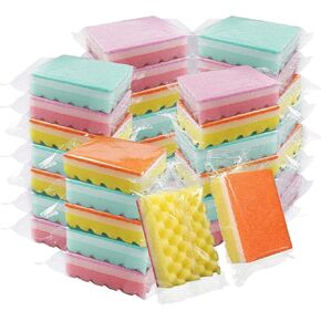 (50 Pack)Kheoxusa Individually Wrapped Sponges,Sponge Individually Wrapped,Individually Wrapped Sponge Bulk Packed Cleaning Dishes Kitchen Scrub Dish Non Scratch Scrubber Bulk Wave-Round(Color Random)