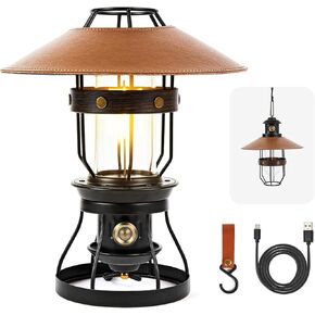 Metal LED Ambient Camping Lantern, 2 in 1 Newest Hanging Standing Camping Lamp, 3500mAh Rechargeable Retro Lantern, Dimmable Ambient Table Lamp with Leather Lampshade for Courtyard Outdoor Decoration