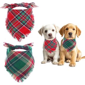Christmas Dog Bandanas with Tassels, 2 Packs Plaid Dog Christmas Triangle Scarf Bib Pet Bandanas for Medium Large Dogs Cats (Plaid, Red Green, Large)