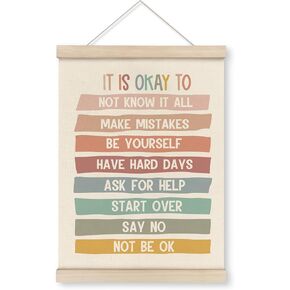 HRQKO It is Okay Pink Boho Poster Hanger Frame, Pink wall decor, Inspirational Posters Wall Art with Wooden Frames, Mental Health Wall Hanging Banner for Therapy Office Girls Room Nursery, 12x16 Inch