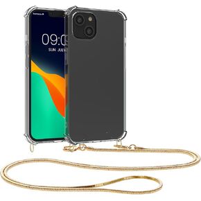 kwmobile Case Compatible with iPhone 15 - Crossbody Case Clear Transparent TPU Phone Cover with Metal Chain Strap - Transparent/Gold