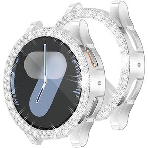 Wugongyan Case Compatible with Samsung Galaxy Watch 7 40mm 44mm Screen Protector Bling Double Row Crystal Diamonds Flexible TPU Galaxy Watch 7 Face Cover Accessories（Silver, 44mm） in Kuwait