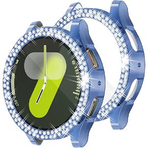 Wugongyan Case Compatible with Samsung Galaxy Watch 7 40mm 44mm Screen Protector Bling Double Row Crystal Diamonds Flexible TPU Galaxy Watch 7 Face Cover Accessories（Silver, 44mm）