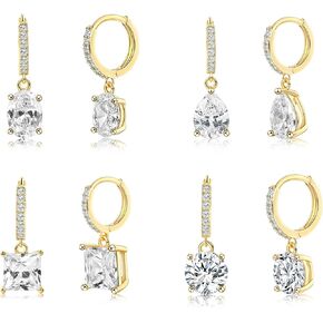 4 Pairs Hoop Dangle Earrings Sets,MDFUN 18K Yellow Gold Plated Hoops dangle Earrings Set Cubic Zirconia Earrings for Women Pack of 4 Pairs