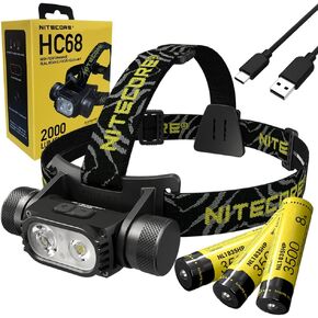 Nitecore HC68 Type-C Rechargeable Dual Beam E-Focus Headlamp, Luminus SST-40-W 2000 Lumens, Choices of Eco-Sensa Accessories (+ 2X Extra NL1835HP)