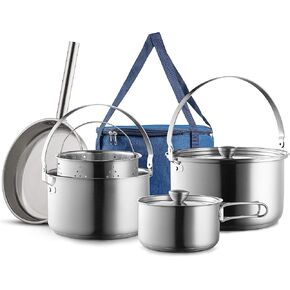 Camping Cookware Set 304 Stainless Steel 8-Piece Pots & Pans Open Fire Cooking Kit | Frying Pan Steamer with Travel Tote Bag | Compact For Outdoors & Indoors Kitchen Family Campfire Hiking RV